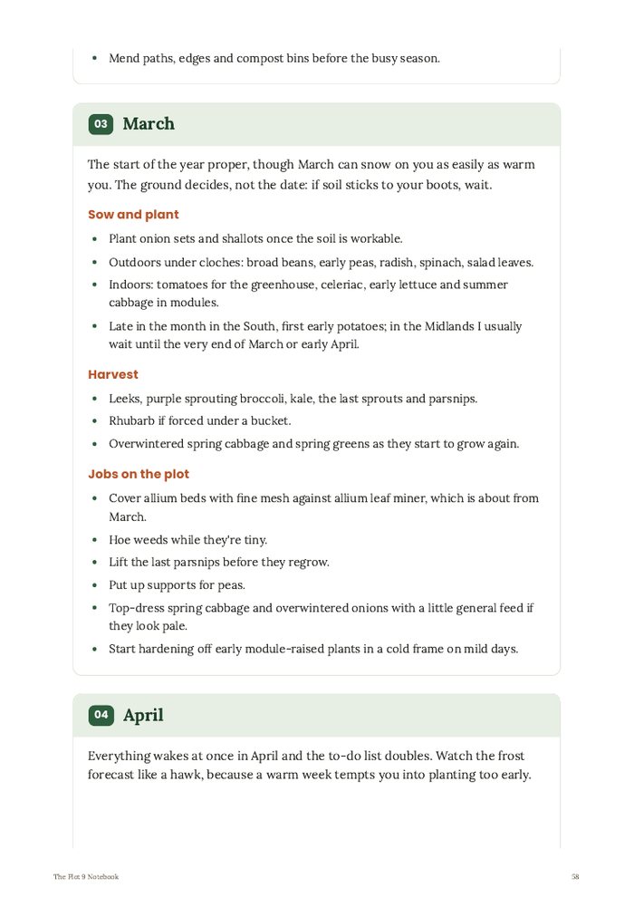 Part of the calendar chapter, showing what to sow, harvest and do in March.